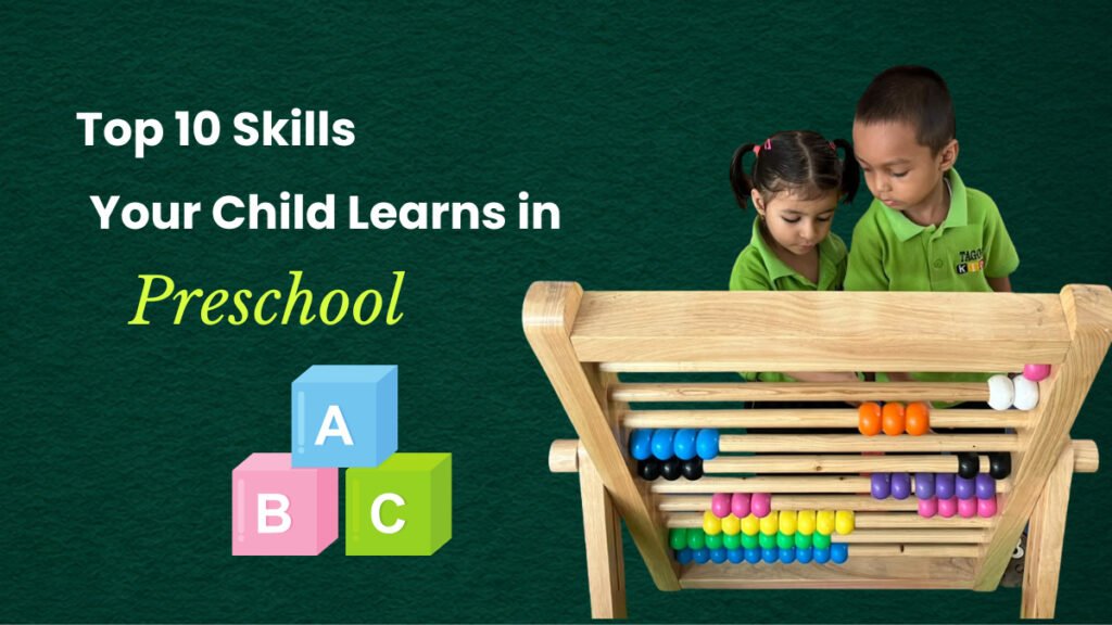 Two preschool children learning with an abacus in a colorful classroom at Tagore Global School, developing early cognitive, social, and motor skills.