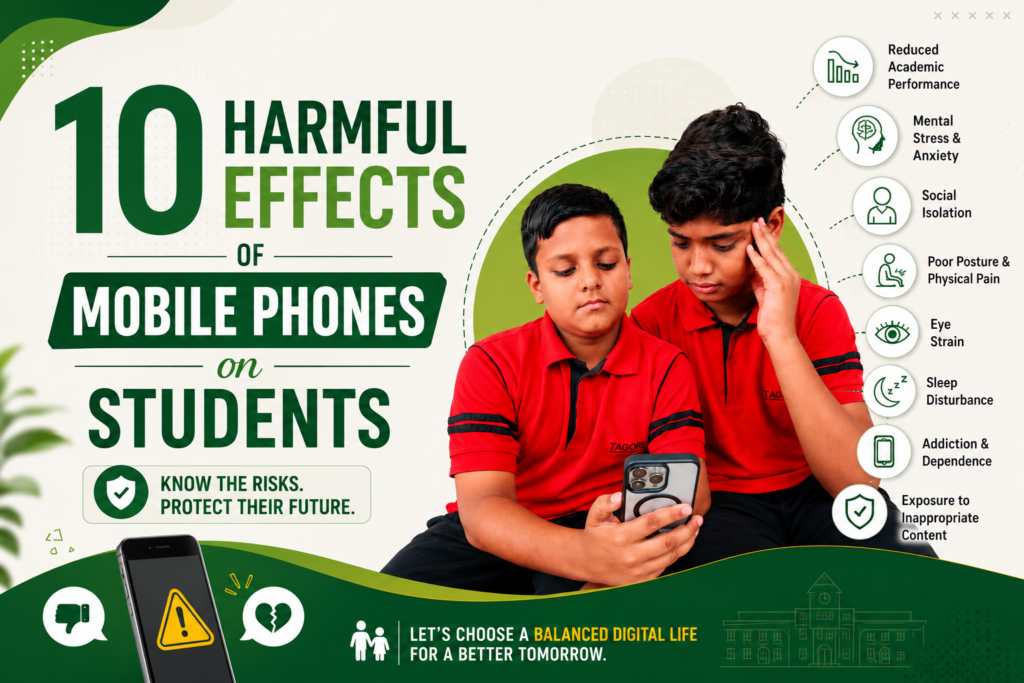 10 harmful effects of mobile phones on students, featuring two school students using a smartphone with icons representing poor academic performance, stress, social isolation, poor posture, eye strain, sleep disturbance, and addiction.